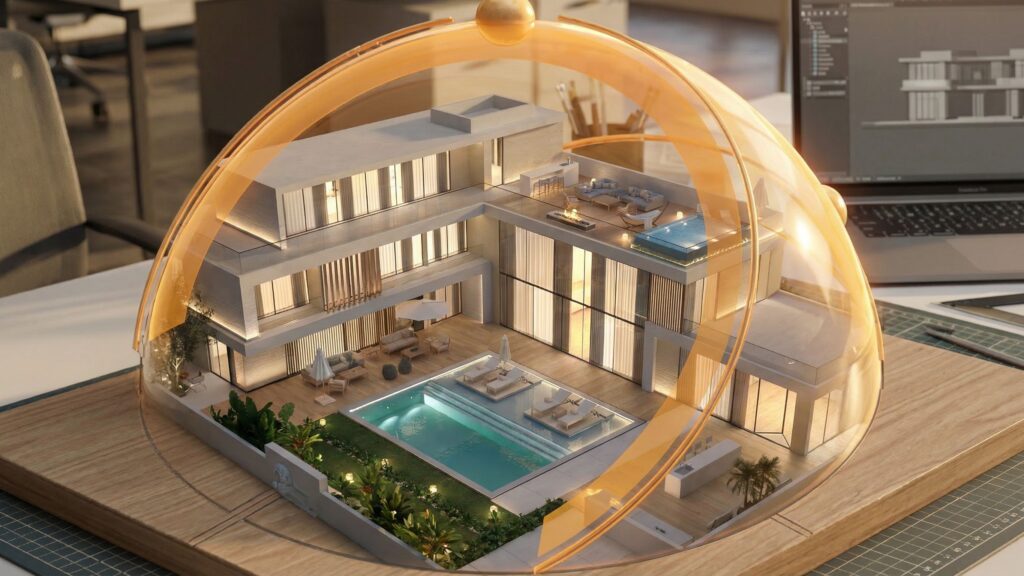 Villa massing model under a site-analysis sun dome