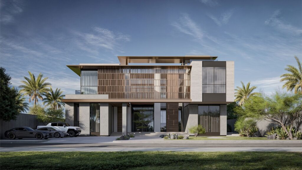 Architectural render of a contemporary villa at dusk