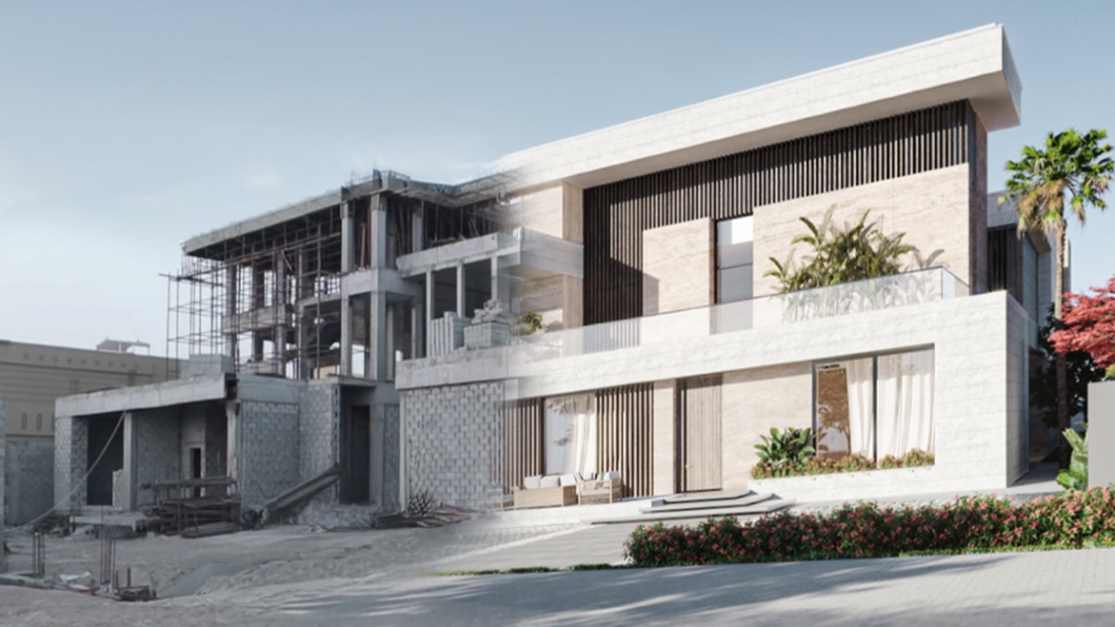 Villa under construction transitioning into the finished render