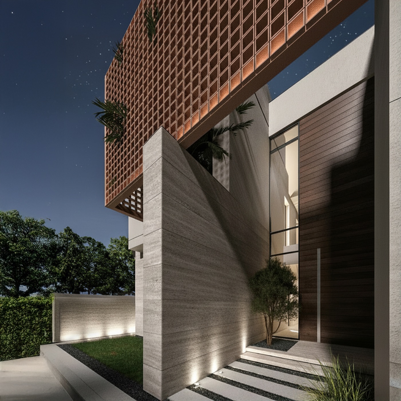 Villa entrance with travertine wall and brick screen at night