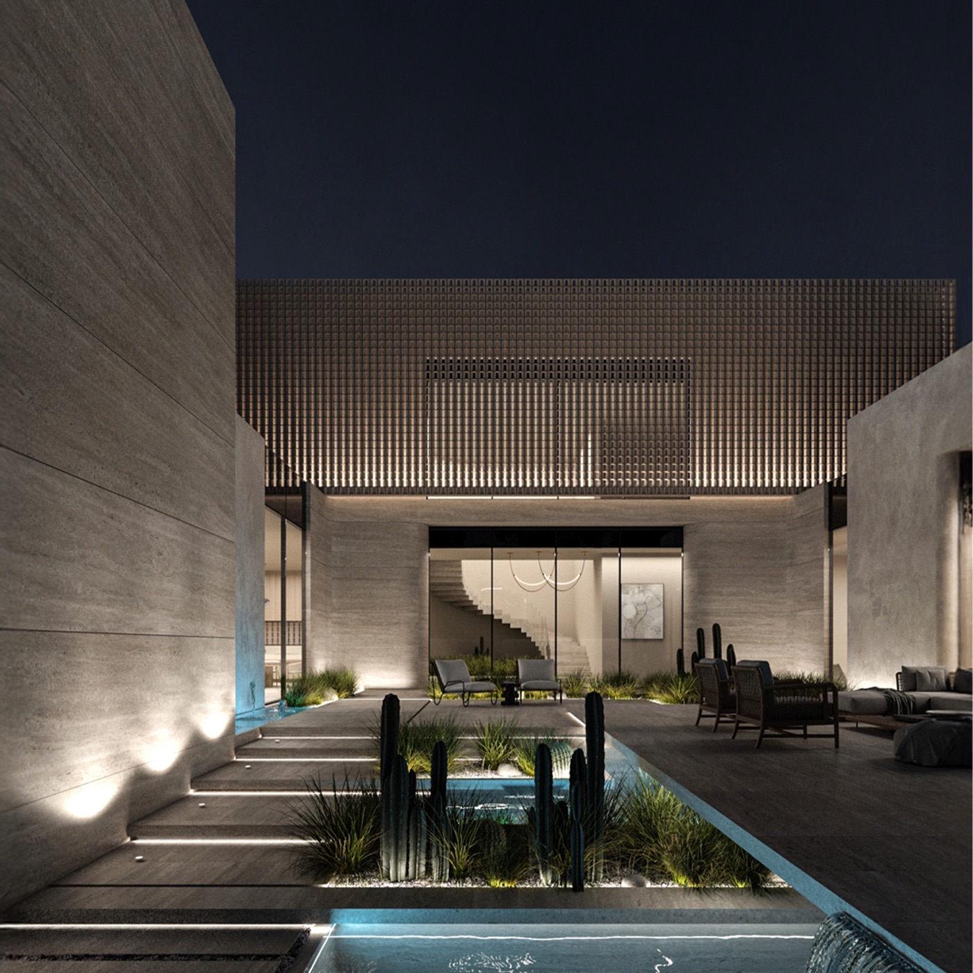 Villa courtyard with reflecting pool and lit screen facade